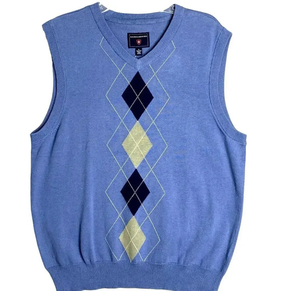 Saddlebred New Sleeveless Sweater Vest Golf Size M Pullover Cotton Blue Argyle - Picture 1 of 11